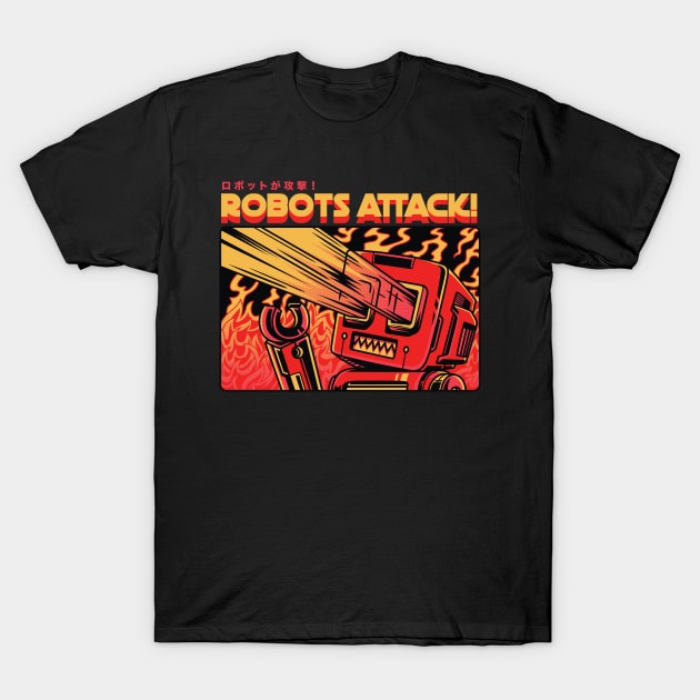 Retro Japanese Sci Fi Robots Attack! // Old School Robot Sci Fi T-Shirt by Now Boarding